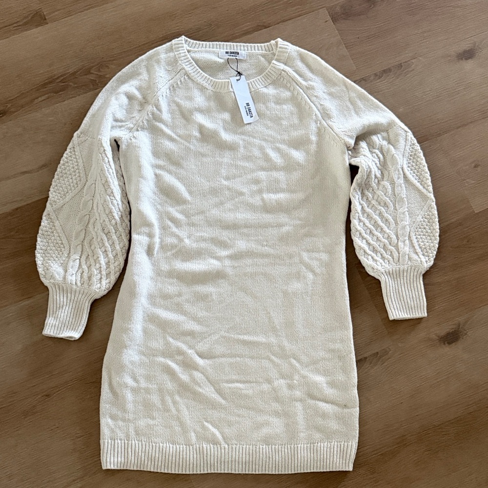 Cream Knit Sweater Dress with Cable Sleeves